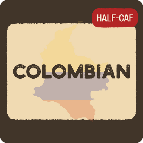 Map of Colombia with 'Half-Caf' label on a beige background