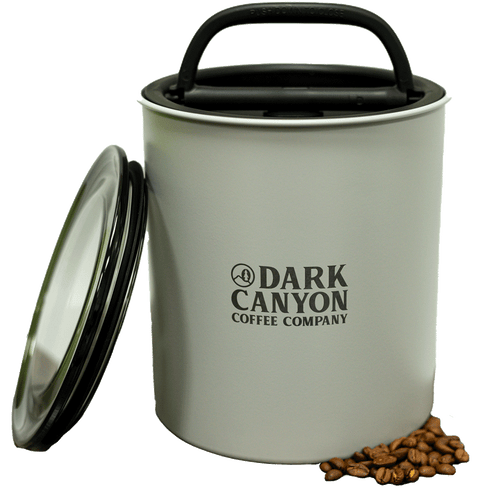 dark canyon coffee grey two pound airscape container open with lid and beans
