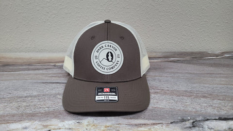 dark canyon trucker hat coffee and khaki with white and black faux leather patch front