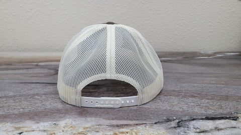 dark canyon trucker hat coffee and khaki with white and black faux leather patch back