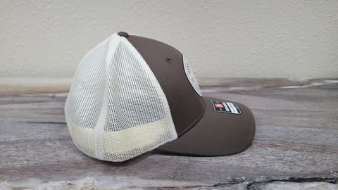 dark canyon trucker hat coffee and khaki with white and black faux leather patch right side