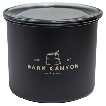 4 in 0.5 lb black stainless steel canister dark canyon coffee company engraved logo