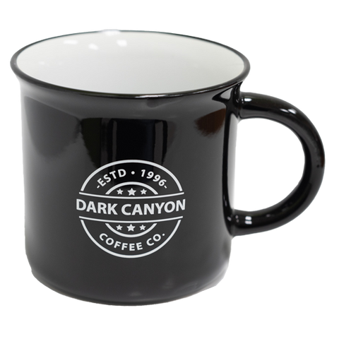 10 oz black ceramic mug distressed white dark canyon coffee co logo