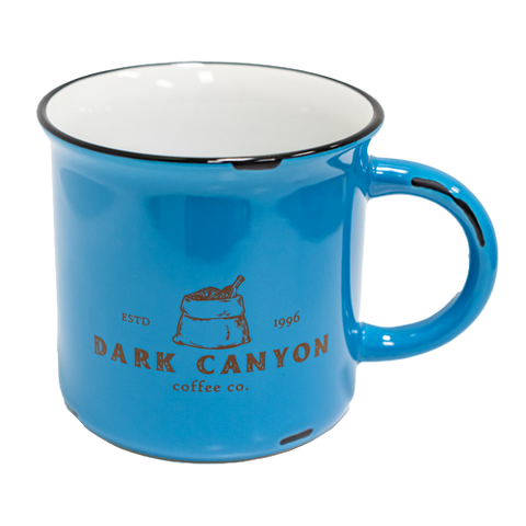 10 oz sky blue ceramic mug distressed brown dark canyon coffee co logo