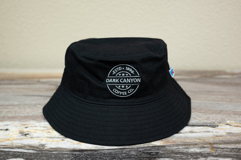 black athletic bucket hat white dark canyon coffee circle logo embroidered front