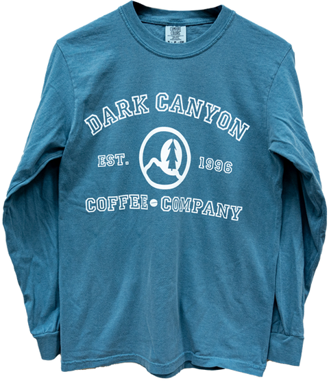 blue dark canyon coffee company white logo university design long sleeve
