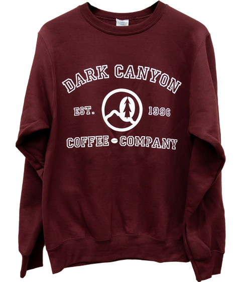 burgandy dark canyon coffee company white logo university design crew neck