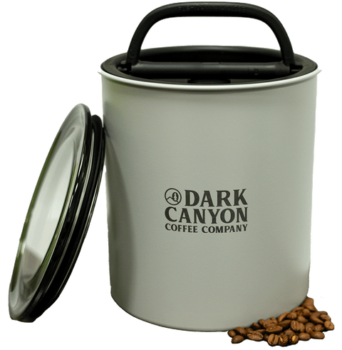 dark canyon coffee grey two pound airscape container open with lid and beans