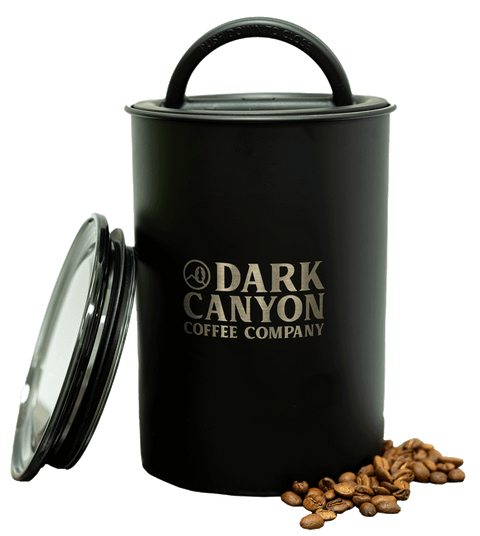 dark canyon coffee matte black one pound airscape container open with lid and beans