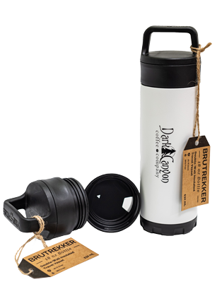 18 ozBruTrek Water Bottle White black dark canyon coffee logo with lids