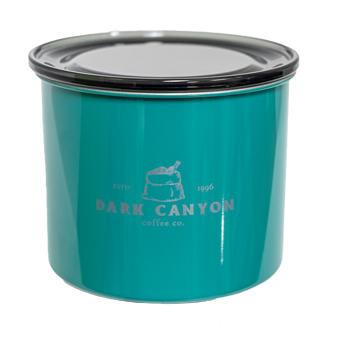 4 in 0.5 lb teal stainless steel canister dark canyon coffee company engraved logo
