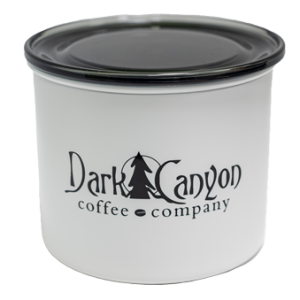 4 in 0.5 lb white stainless steel canister dark canyon coffee co black logo