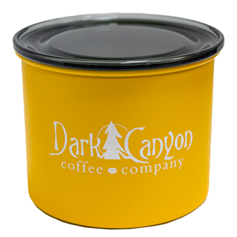 4 in 0.5 lb yellow stainless steel canister dark canyon coffee company white logo