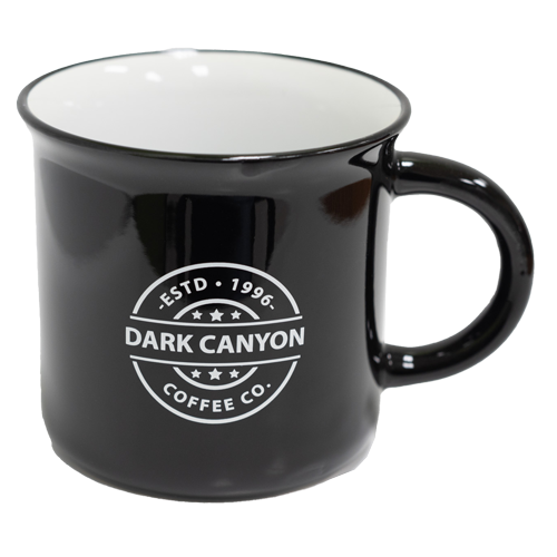 10 oz black ceramic mug distressed white dark canyon coffee co logo