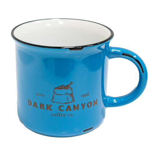 10 oz sky blue ceramic mug distressed brown dark canyon coffee co logo