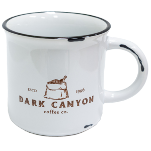 10 oz white ceramic mug distressed brown dark canyon coffee co logo