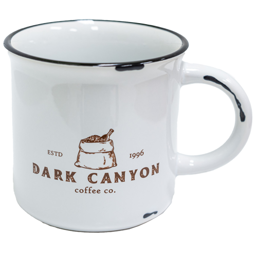 10 oz white ceramic mug distressed brown dark canyon coffee co logo