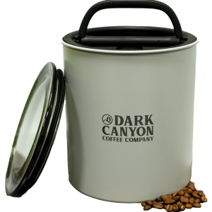 dark canyon coffee grey two pound airscape container open with lid and beans