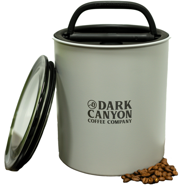 dark canyon coffee grey two pound airscape container open with lid and beans