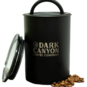 dark canyon coffee matte black one pound airscape container open with lid and beans