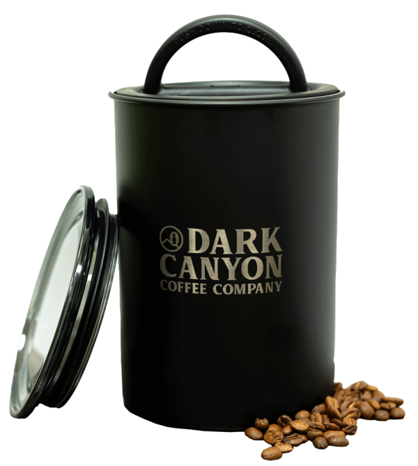 dark canyon coffee matte black one pound airscape container open with lid and beans