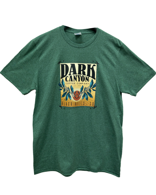 dark canyon coffee origin tour tshirt front forest green