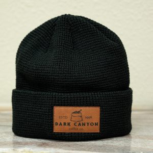 dark canyon coffee bean bag logo faux leather patch black knit beanie