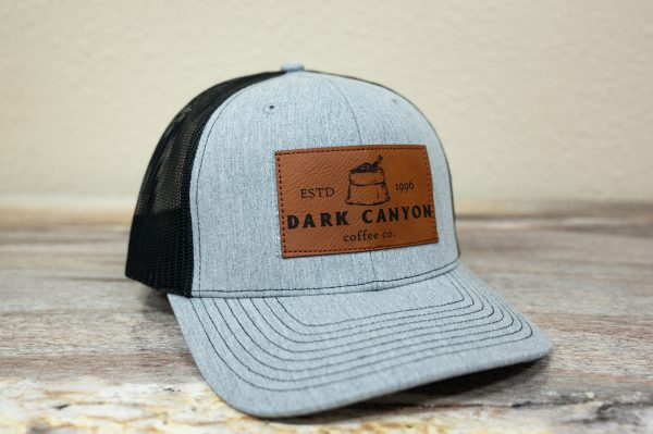 dark canyon heather grey and black richardson trucker hat faux leather coffee bag logo patch left side
