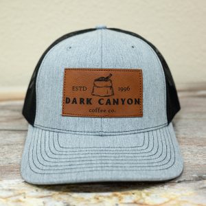 dark canyon heather grey and black richardson trucker hat faux leather coffee bag logo patch front