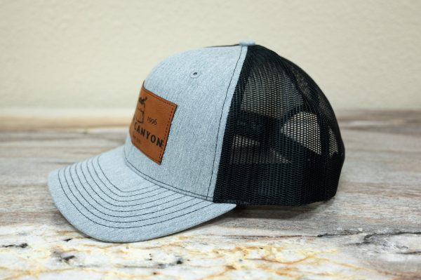 dark canyon heather grey and black richardson trucker hat faux leather coffee bag logo patch right side
