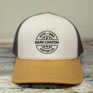 dark canyon Mink Beige Charcoal and Gold richardson trucker hat black embroidered circle logo front