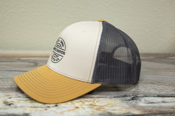 dark canyon Mink Beige Charcoal and Gold richardson trucker hat black embroidered circle logo right side