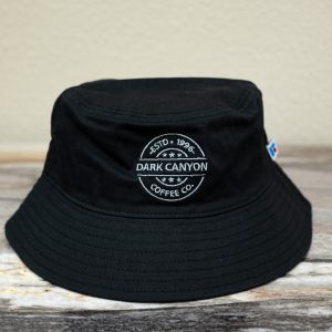black athletic bucket hat white dark canyon coffee circle logo embroidered front