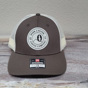 dark canyon trucker hat coffee and khaki with white and black faux leather patch front